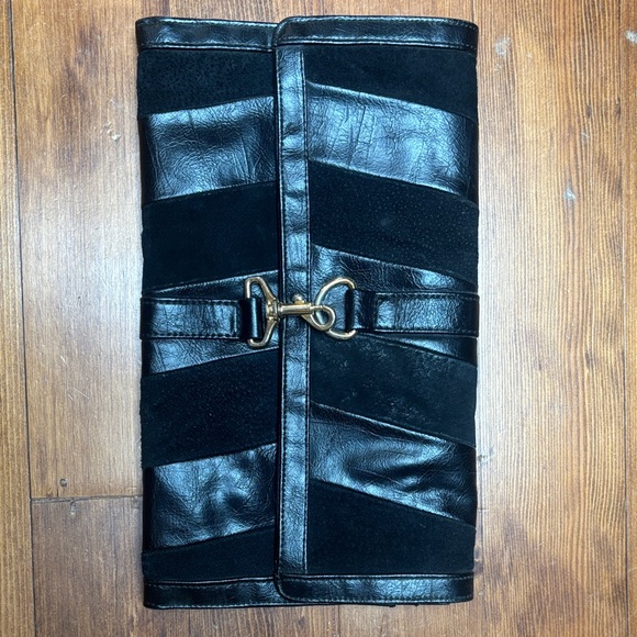 Handbags - Black Leather & Suede Clutch with Gold Horsebit Accent vintage